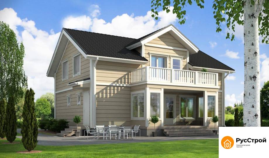 Двухэтажный дом из бруса с балконом 129 м²