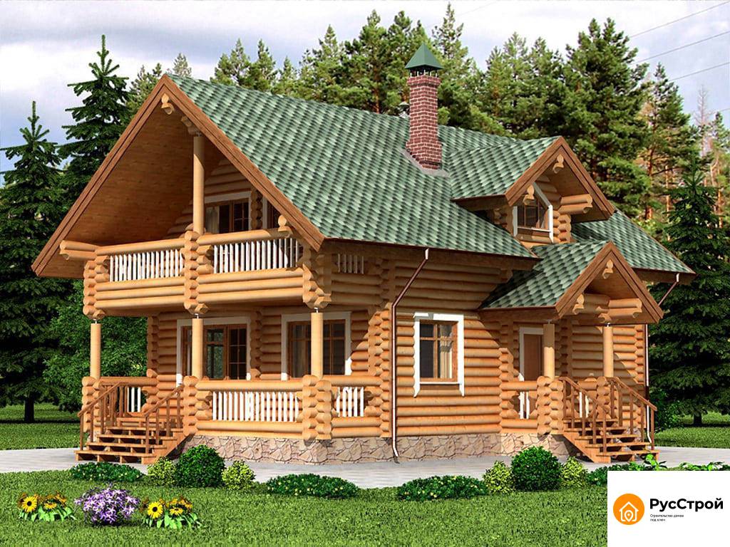 Двухэтажный дом из бревна с террасой