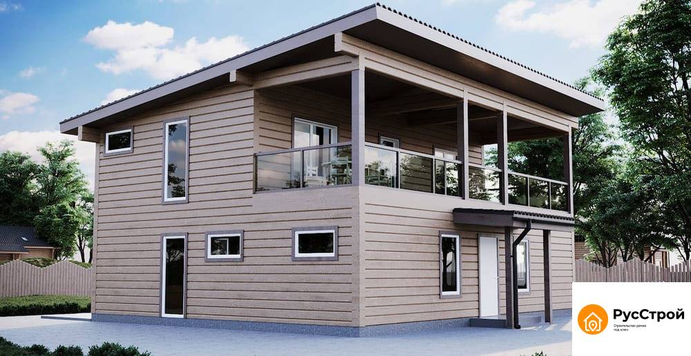 Двухэтажный дом из бруса с балконом и панорамными окнами